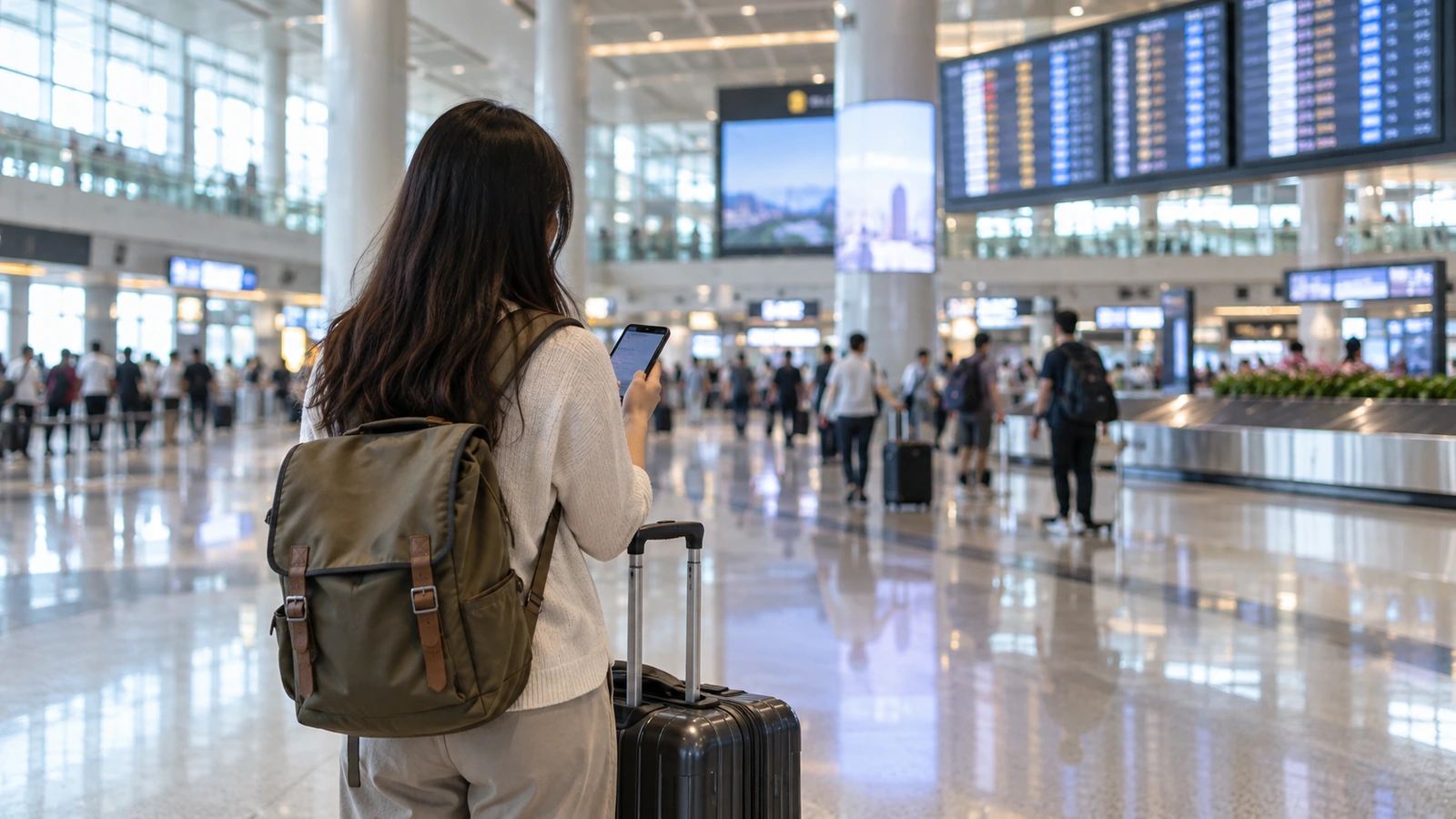 Traveler checking a smartphone with luggage in an airport arrivals hall