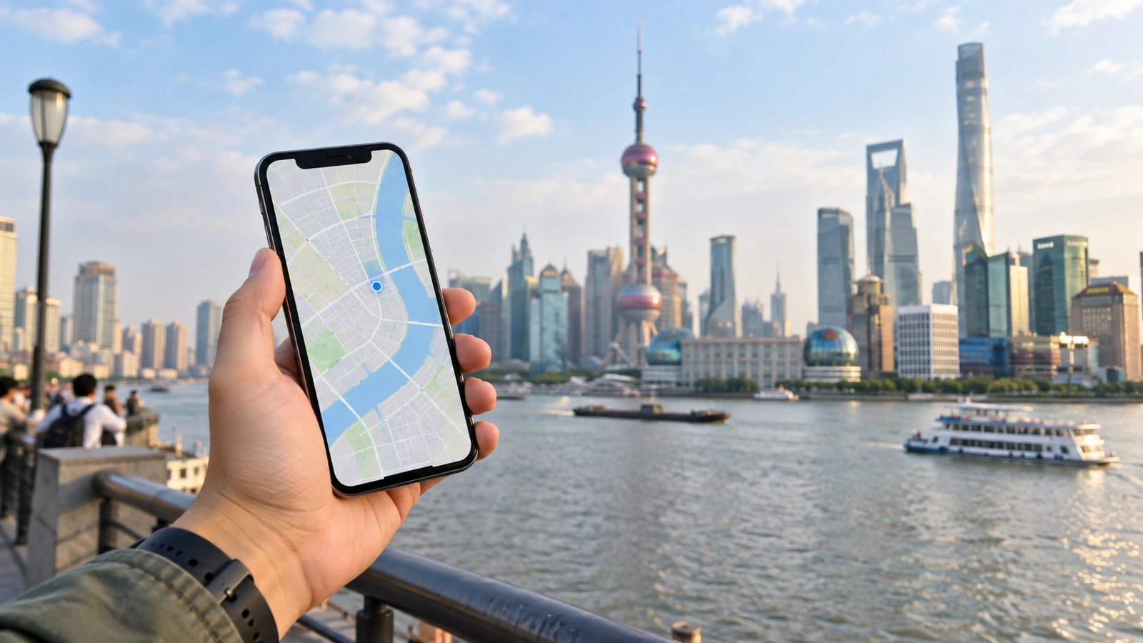 Traveler using a smartphone beside the Huangpu River and Shanghai skyline