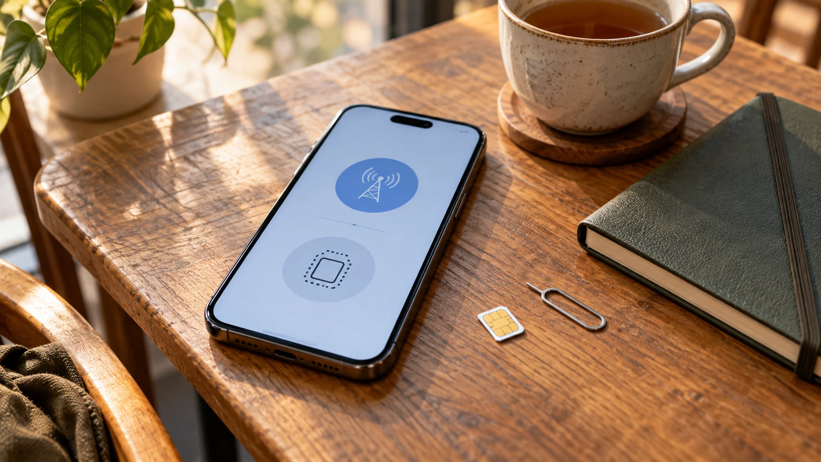 Physical nano SIM card and SIM ejector beside a smartphone on a cafe table