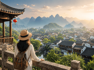 First-time China traveler overlooking a traditional village and misty mountains