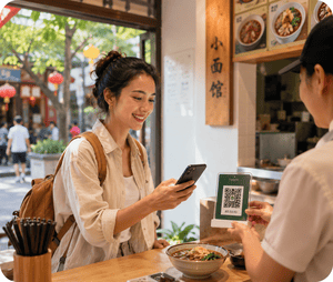 First-time China traveler using mobile payment at a local noodle shop