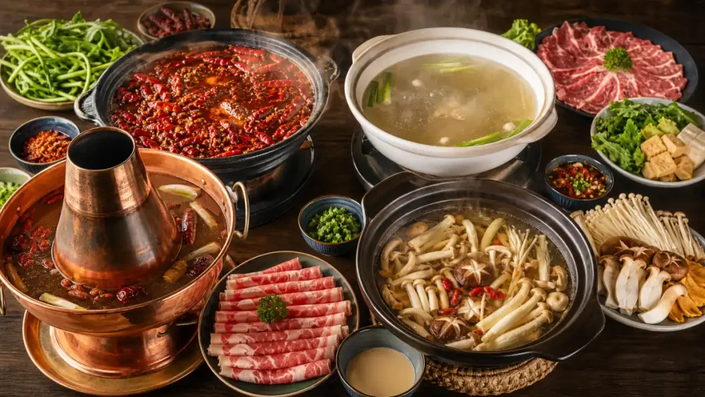 Four Chinese hot pot styles with spicy broth, clear beef broth, copper pot lamb, and mushroom broth on one table