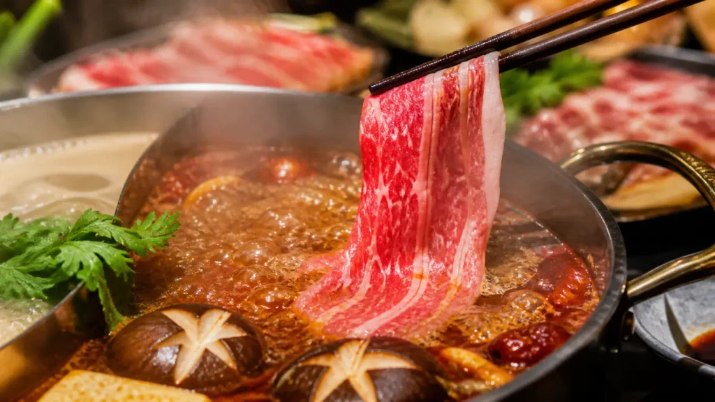 Chopsticks cooking a thin slice of beef in bubbling Chinese hot pot broth with vegetables and mushrooms nearby
