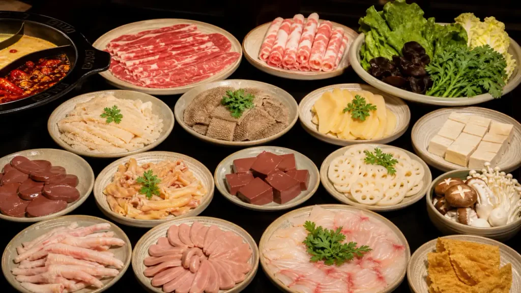 Chinese hot pot ingredient platters with sliced meat, tofu, vegetables, mushrooms, beef tripe, yellow throat, kidney slices, duck blood curd, and chicken feet