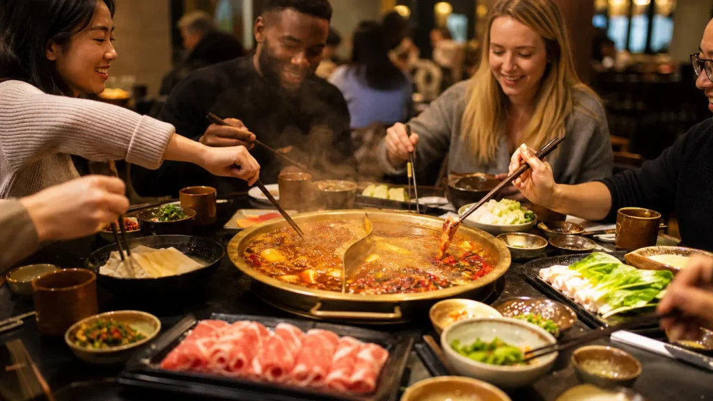Friends sharing Chinese hot pot in a lively restaurant with bubbling broth, ingredient plates, sauce bowls, and chopsticks