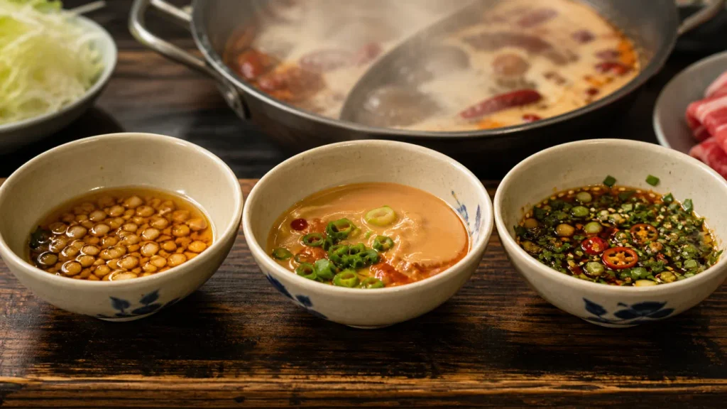 Three Chinese hot pot dipping sauces with garlic sesame oil, sesame paste, and a chili herb sauce