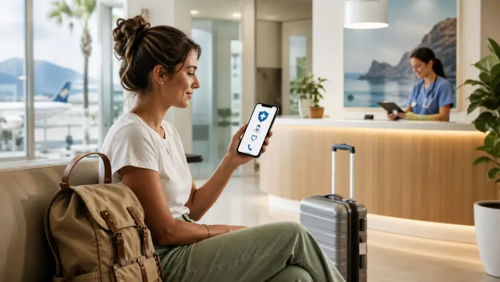Traveler checking health assistance on a phone while waiting in a clinic abroad