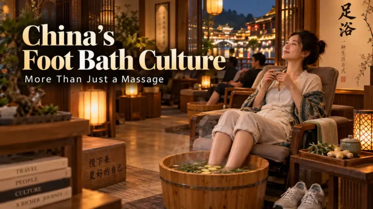 Traveler relaxing during a warm evening foot bath in a contemporary Chinese lounge