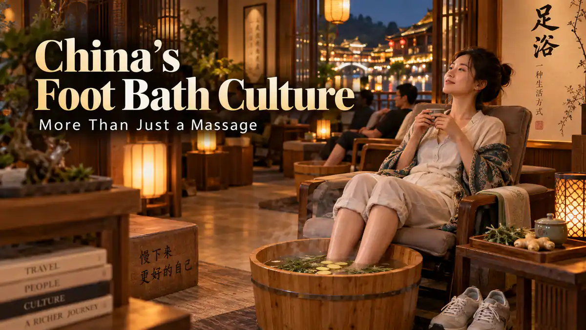 Traveler relaxing during a warm evening foot bath in a contemporary Chinese lounge