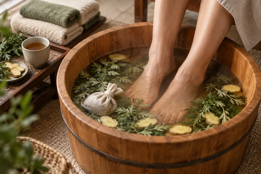Warm Chinese-style foot bath with ginger, mugwort, herbal pouch, tea and folded towels