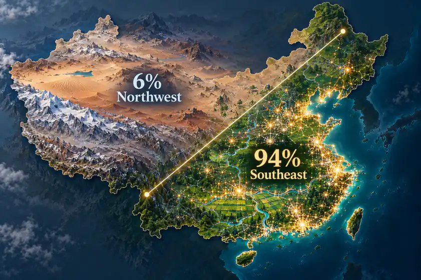 Hu Line map showing 94 percent of China’s population southeast of the line and 6 percent northwest