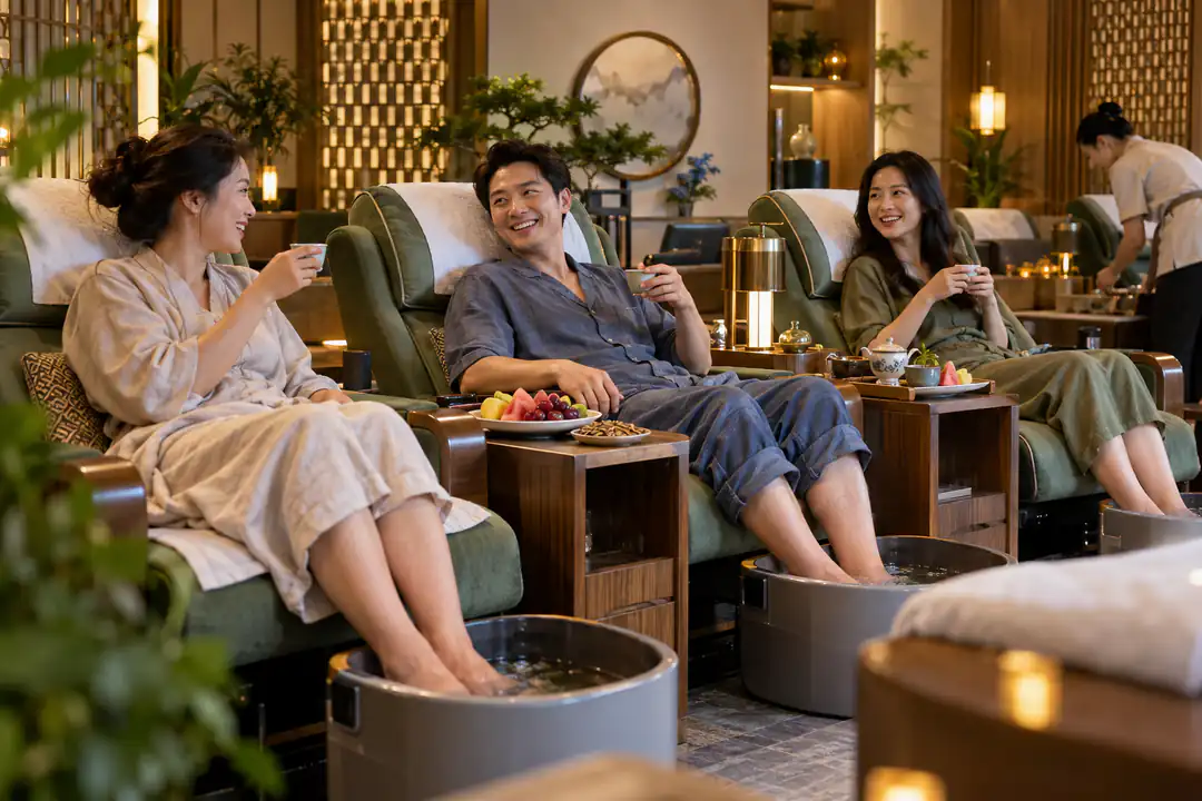 Three adult friends sharing tea and fruit during a modern Chinese foot bath experience