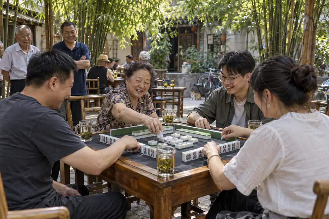 Chengdu residents of different generations playing Sichuan mahjong in a bamboo courtyard