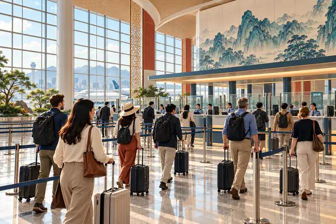 Editorial illustration of travelers approaching immigration counters in a Chinese airport