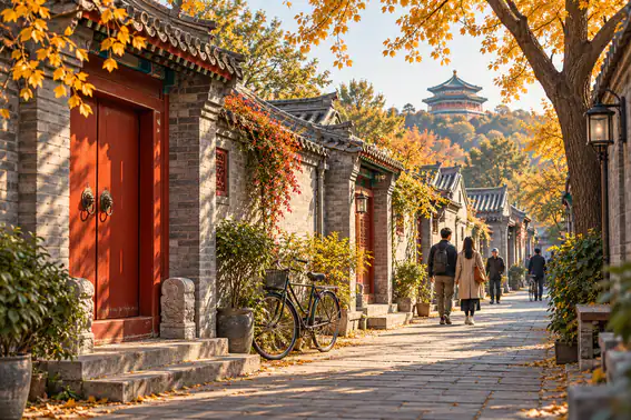 Editorial illustration of a Beijing hutong with grey courtyard walls and a red door