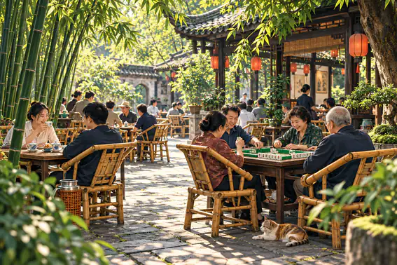 Editorial illustration of adults enjoying tea and mahjong in a Chengdu bamboo teahouse