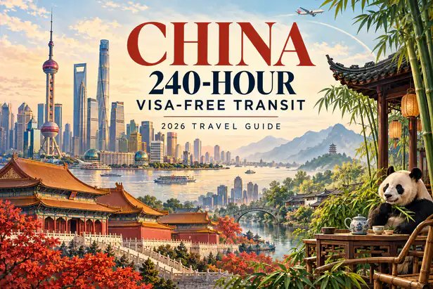 Illustrated China 240-hour visa-free transit guide cover with Shanghai, Beijing and Chengdu scenes