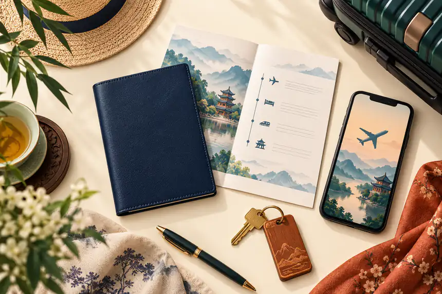 Illustrated passport, onward itinerary, phone and hotel key prepared for a China transit trip