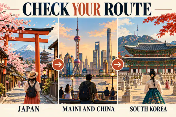 Illustration of Japan to mainland China to South Korea with onward travel arrows