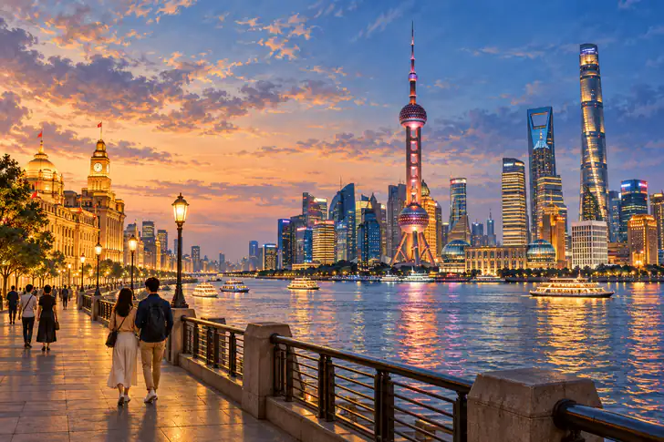 Editorial illustration of Shanghai Pudong skyline across the Huangpu River